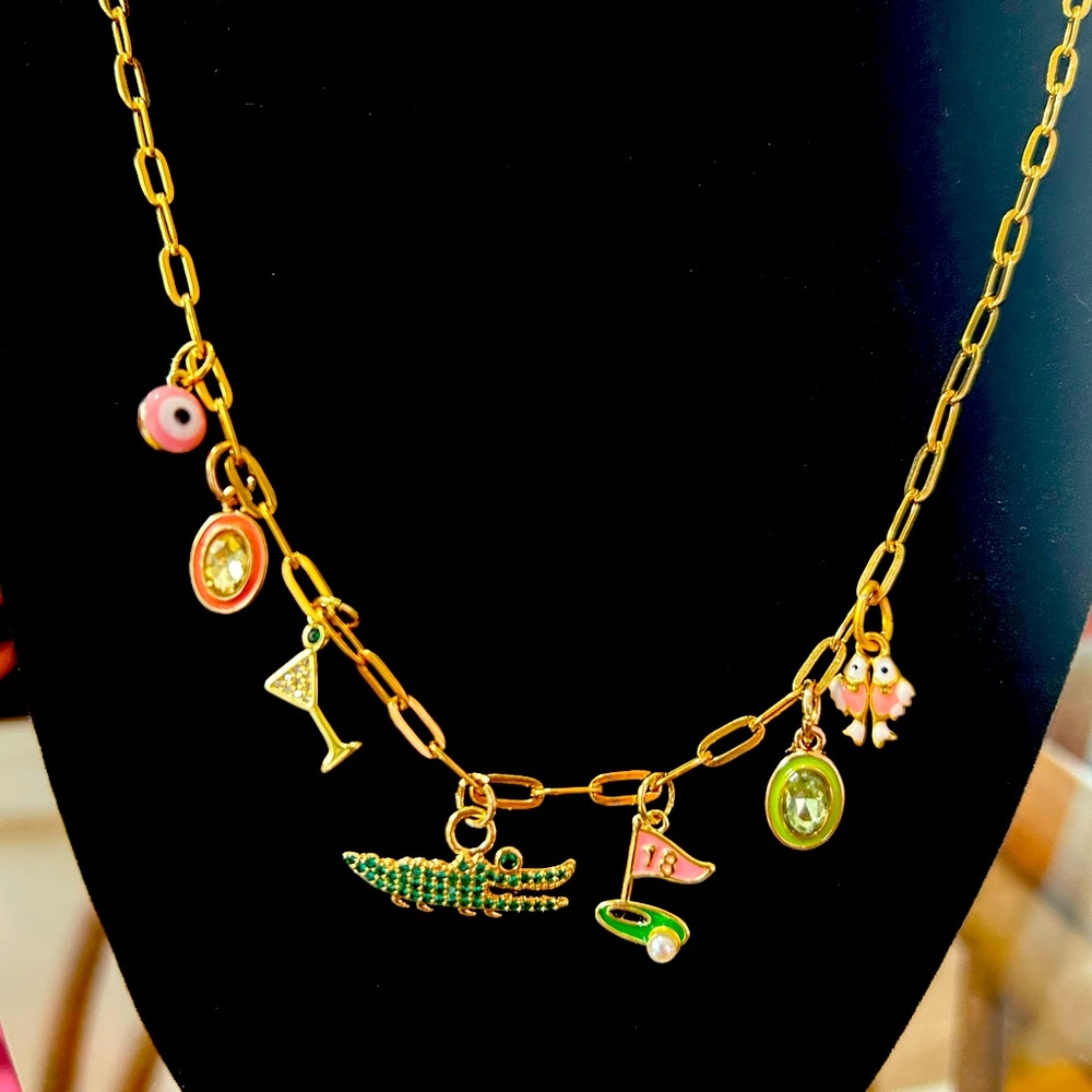Gold Charm Necklace with Colorful Pendants